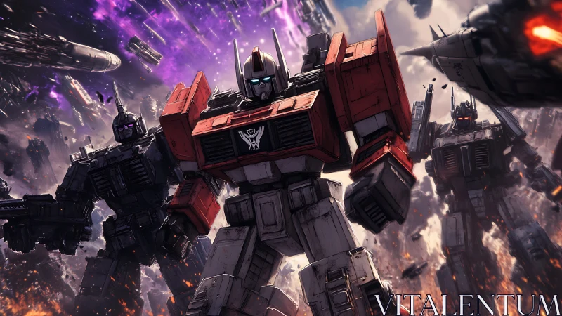 Battle-ready giant robots stride through a cosmic storm.