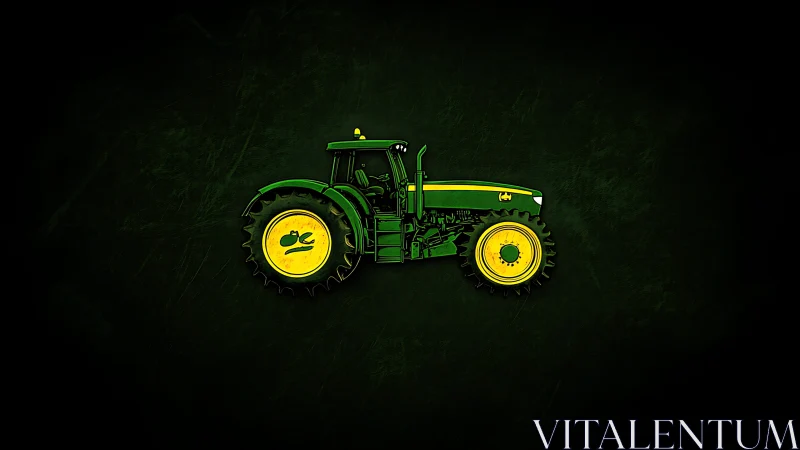 High-contrast green tractor illustration on textured dark field