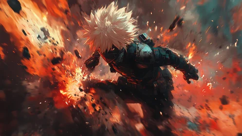 Armored anime warrior bursts through fiery explosive impact field