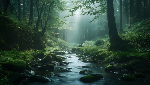 Misty Forest Stream Flowing Through Ancient Woodland