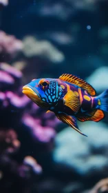 Colorful reef fish swims laterally in shallow coral habitat