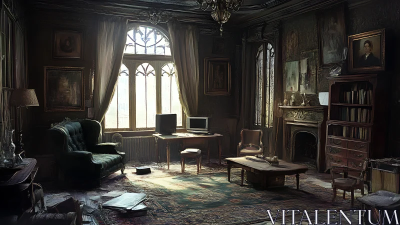 Neo-Victorian study interior with dual CRT workstations, dusk