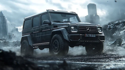Black off-road SUV in muddy urban wasteland landscape.