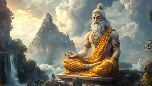 Mountain sage in molten gold robes dreaming over waterfalls.