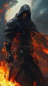 Flame cloaked warrior strides through fire with quiet power