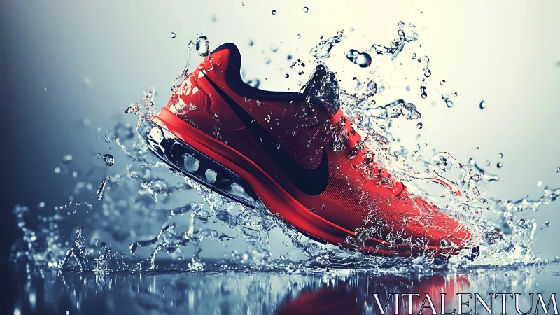 Scarlet running sneaker slices through frozen water splash.