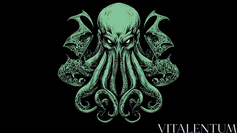 Bioluminescent Cthulhu bust with wings, vector linework on black