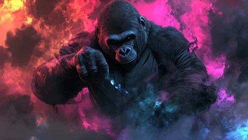 Powerful gorilla emerges through neon smoke clouds.