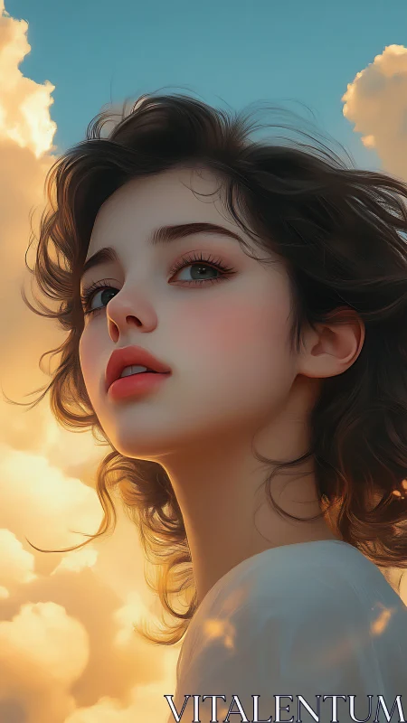 Hyperreal digital portrait of young woman in golden hour clouds