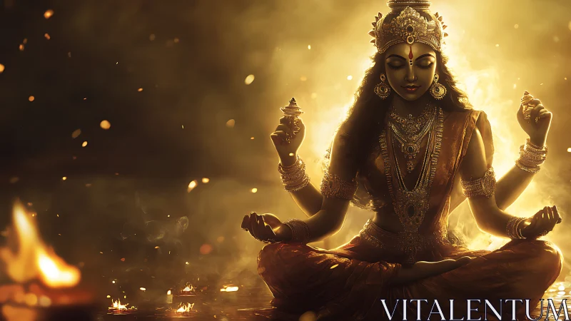 Four-armed seated figure is centered in directional warm light