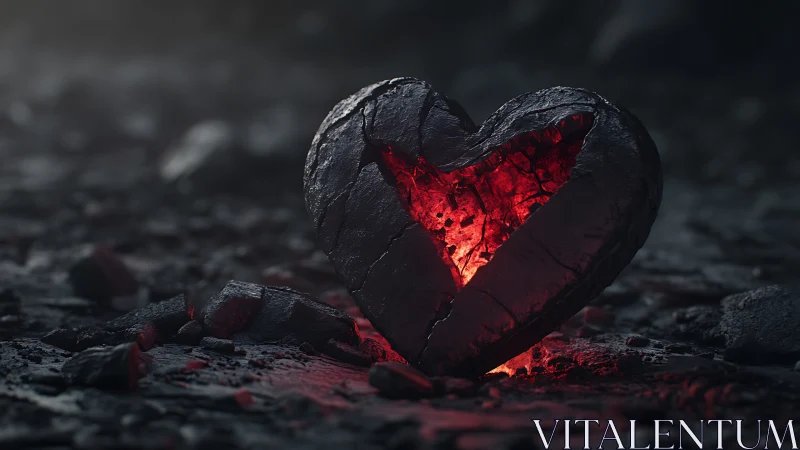 Thermally Fractured Heart Form: Incandescent Core Emission Beneath Carbonized Shell.