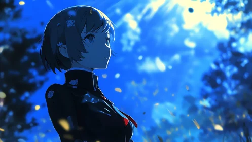 Side-lit anime portrait uses high-contrast bokeh and blue ambient field