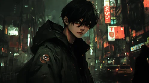 Dark haired youth stands in neon lit urban night street