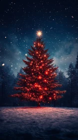 Starlit forest Christmas tree glowing in a gentle snowfall.