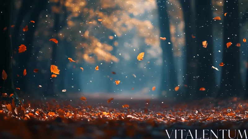 Autumn leaves drift through a shallow-focus forest corridor