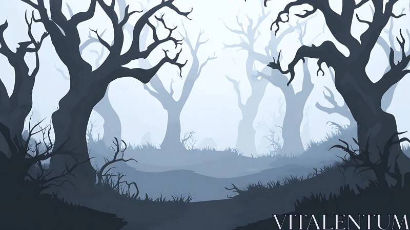 Bleak foggy forest with twisted silhouettes of dead trees.