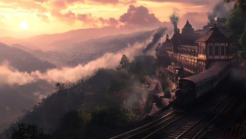 Sunlit mountain train station glows above mist-filled valleys
