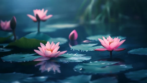 Pink Water Lilies with Submerged Petals and Reflective Pool Surfaces