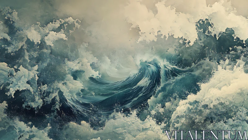 Storm-tossed ocean pirouettes under cathedral-high foam