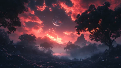 Alien forest landscape under red sky and distant moon.