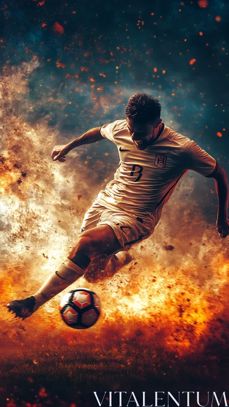 Explosive football striker in mid-kick amid fiery energy storm.