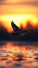 Mallard drake skims molten sunset water in sharp flight.
