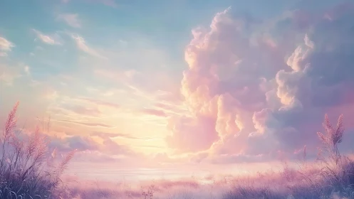 Pastel dawn clouds drift above a dreamlit coastal meadow.