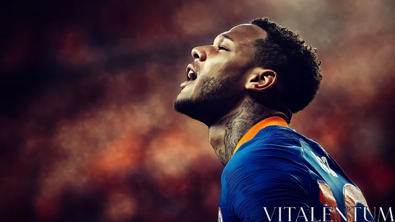 Soccer forward shouts skyward in dramatic stadium light.