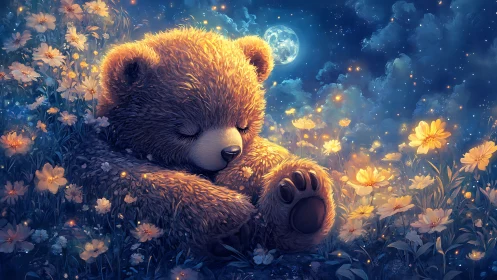 Teddy bear sleeps curled in glowing wildflower meadow at night