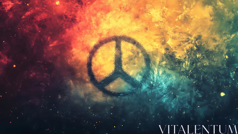 Peace symbol over tri-color textured abstract field.