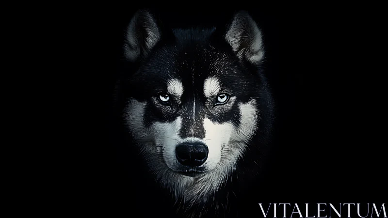 Husky dog portrait with sharp blue eyes on black background.
