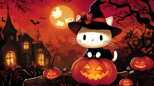 Hello Kitty Character Study: Halloween Scene with Anthropomorphic Cat Silhouette