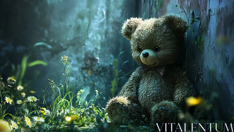 Stuffed bear seated in overgrown outdoor corner at wall.