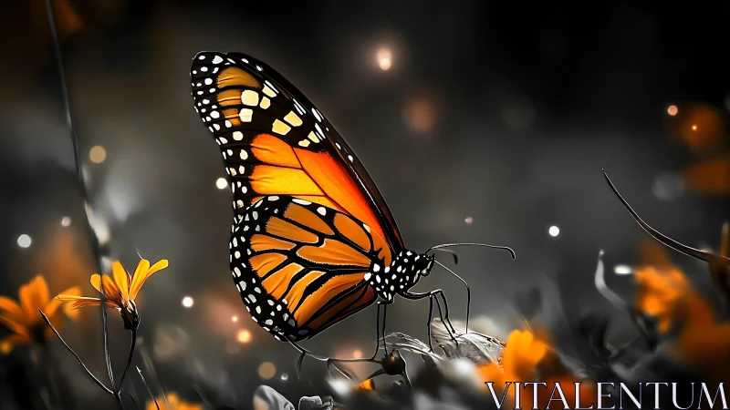 Monarch butterfly rests on flower amid desaturated background