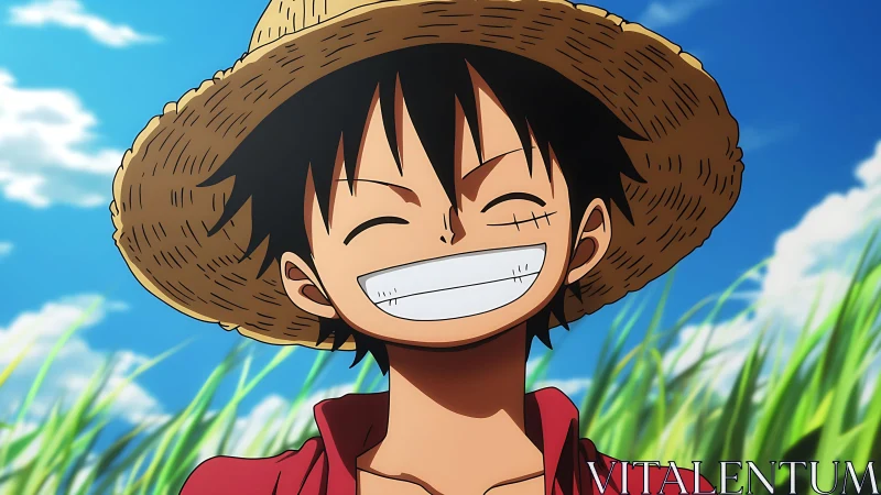 Straw hat anime character smiling in bright outdoor field.