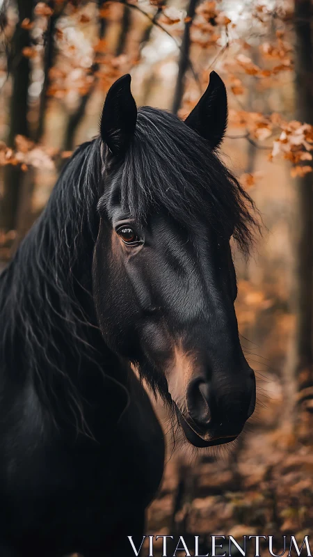 Ebony horse portrait amid softly blurred autumn forest.