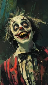 Wild-eyed sinister clown portrait in red striped suit.