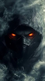 Mysterious hooded guardian with fiery, glowing eyes emerges.
