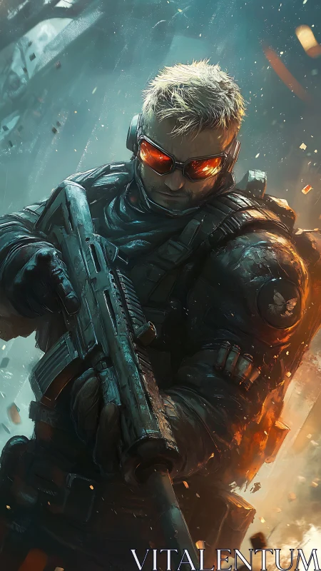 Armored operative with rifle in fragmented urban combat zone.