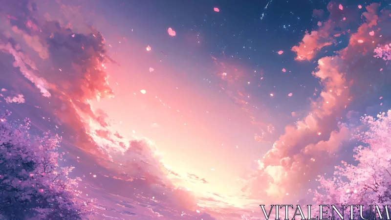 Dreamy cherry blossom sunset beneath a starlit spring sky.