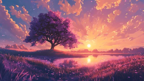 Radiant sunset landscape frames solitary tree in reflective pond