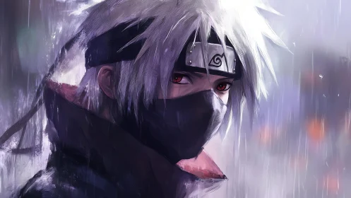 Masked silver haired ninja stands in rain with intense gaze.