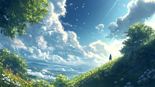 Girl on hillside under expansive cloud filled sky. Period.