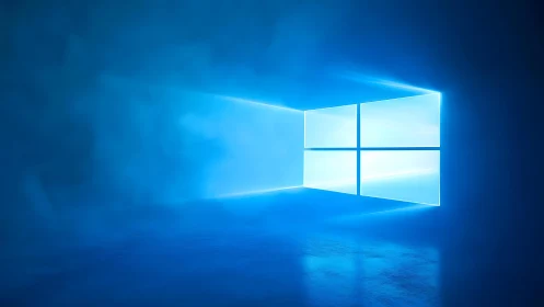 Windows logo glowing in blue digital light, modern minimal style.
