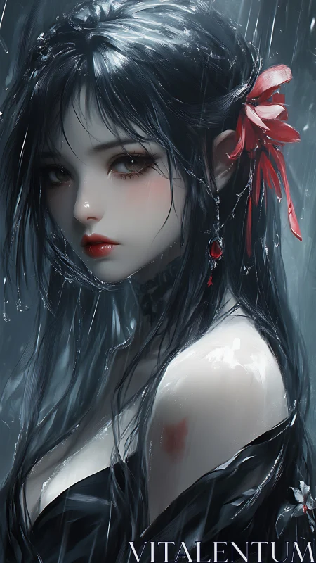 Rain-soaked anime portrait shows high-gloss lighting and wet hair rendering