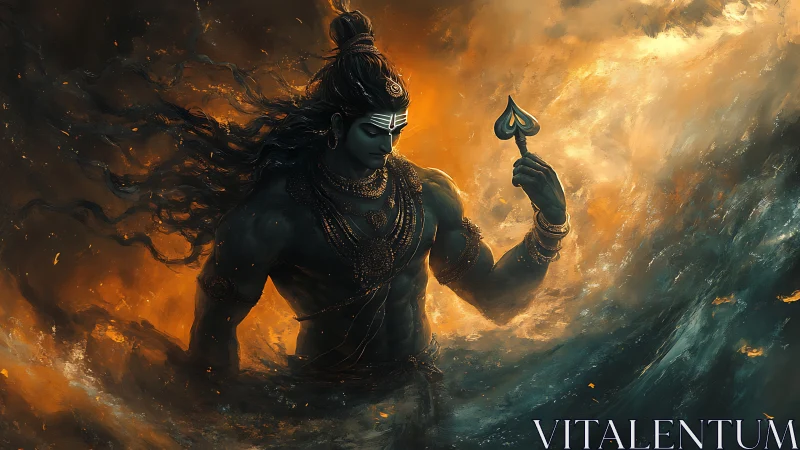 Storm-forged deity rises from ember-lit cosmic tides.