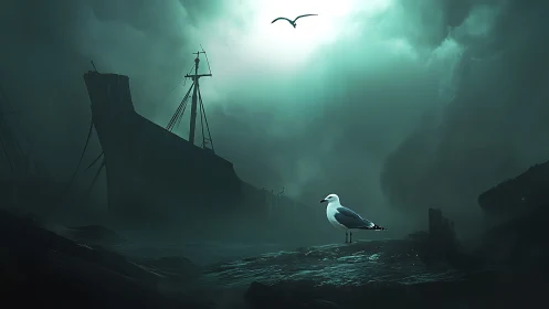 Solitary seagull surveys abandoned ship in stormlit seascape