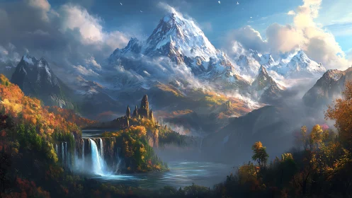 Majestic alpine castle overlooks waterfalls in glowing dawn.