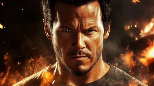 Firelit determination in a storm of glowing embers.