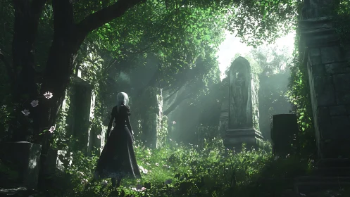 Backlit gothic figure surveys overgrown stone ruins in dappled light